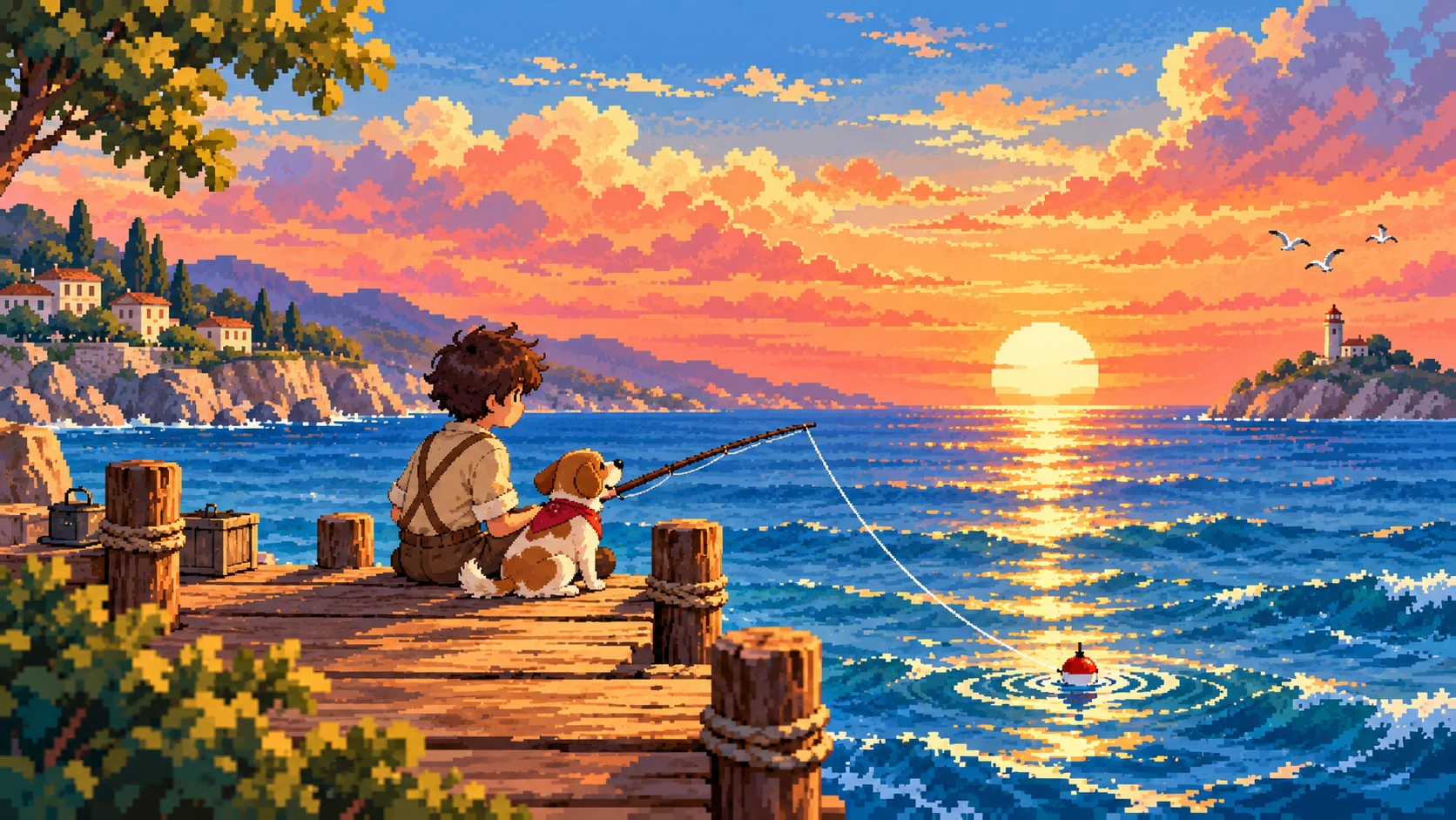Pixel art of a boy and his pup with a red scarf, fishing from a wooden pier at sunset, a red and white bobber on the sea, a village on the cliffs and a lighthouse in the distance